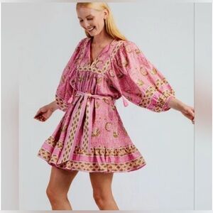 Cleobella Pink Boho Wildflower Babydoll Shift Mini Dress XS